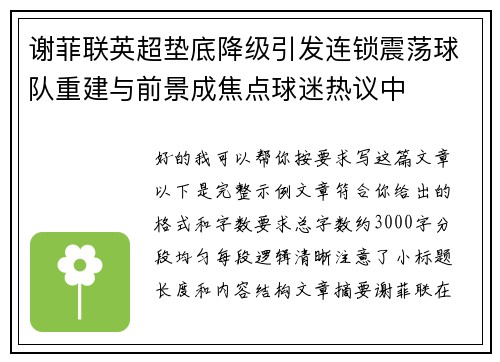谢菲联英超垫底降级引发连锁震荡球队重建与前景成焦点球迷热议中