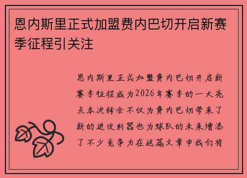 恩内斯里正式加盟费内巴切开启新赛季征程引关注